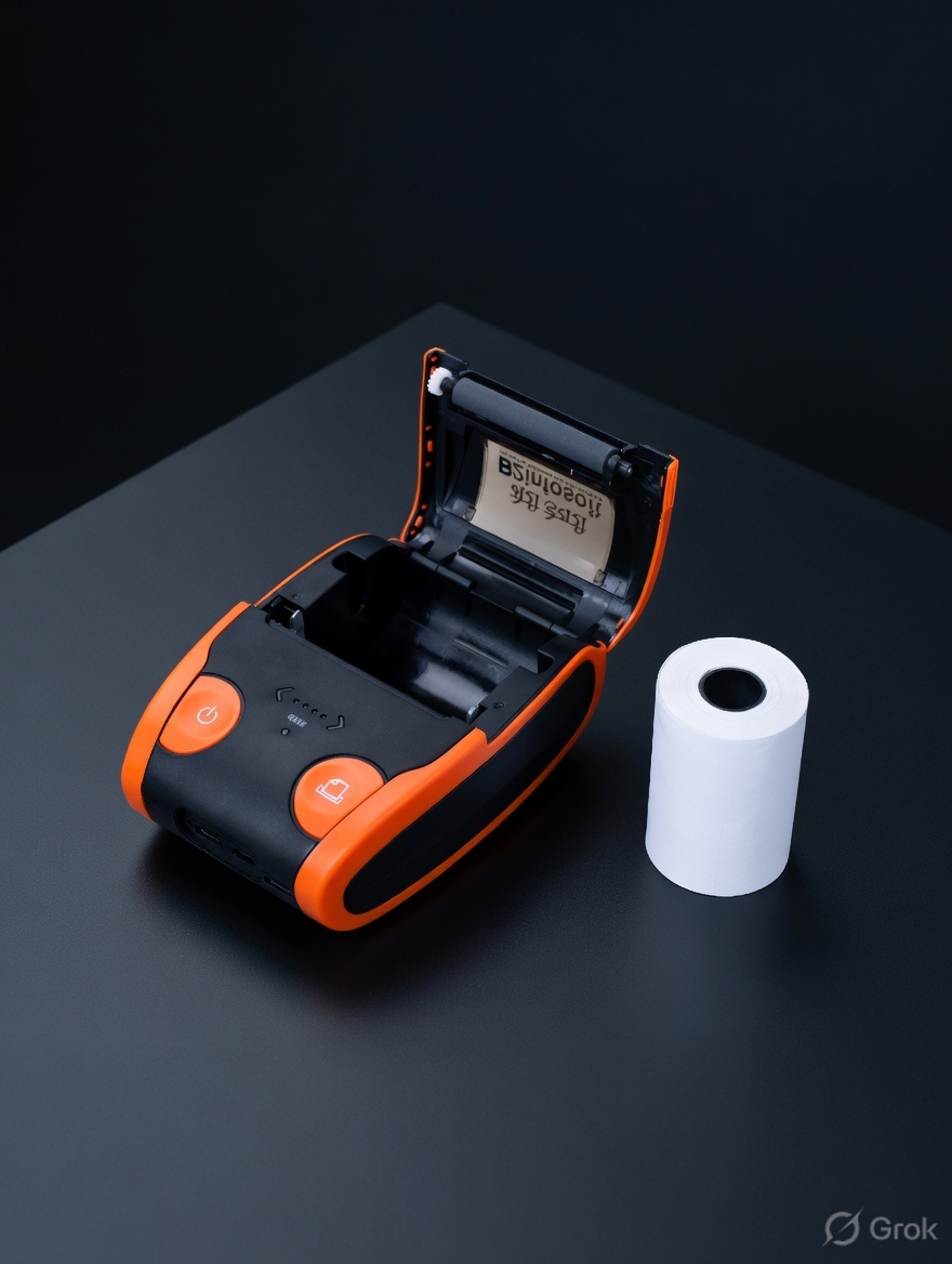 Close-up of thermal printer paper roll and output slot for receipt printing
