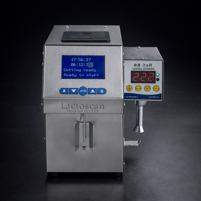 LactoBond milk analyzer front view with display screen and integrated billing system